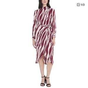 Maggy London Maroon & Cream Zebra-Striped Tie-Waist Dress